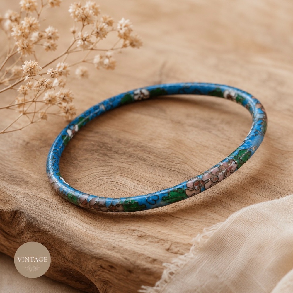 Vintage Blue Cloisonné Enamel Floral Bangle Bracelet Slim Stack Bracelet